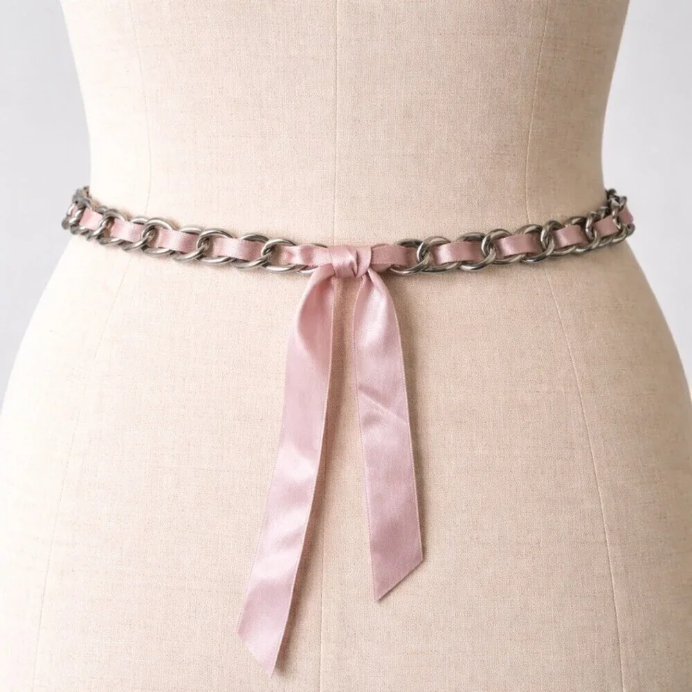 Vintage Y2K Silver Chain Belt Pink Satin Ribbon Coquette Balletcore Adjustable